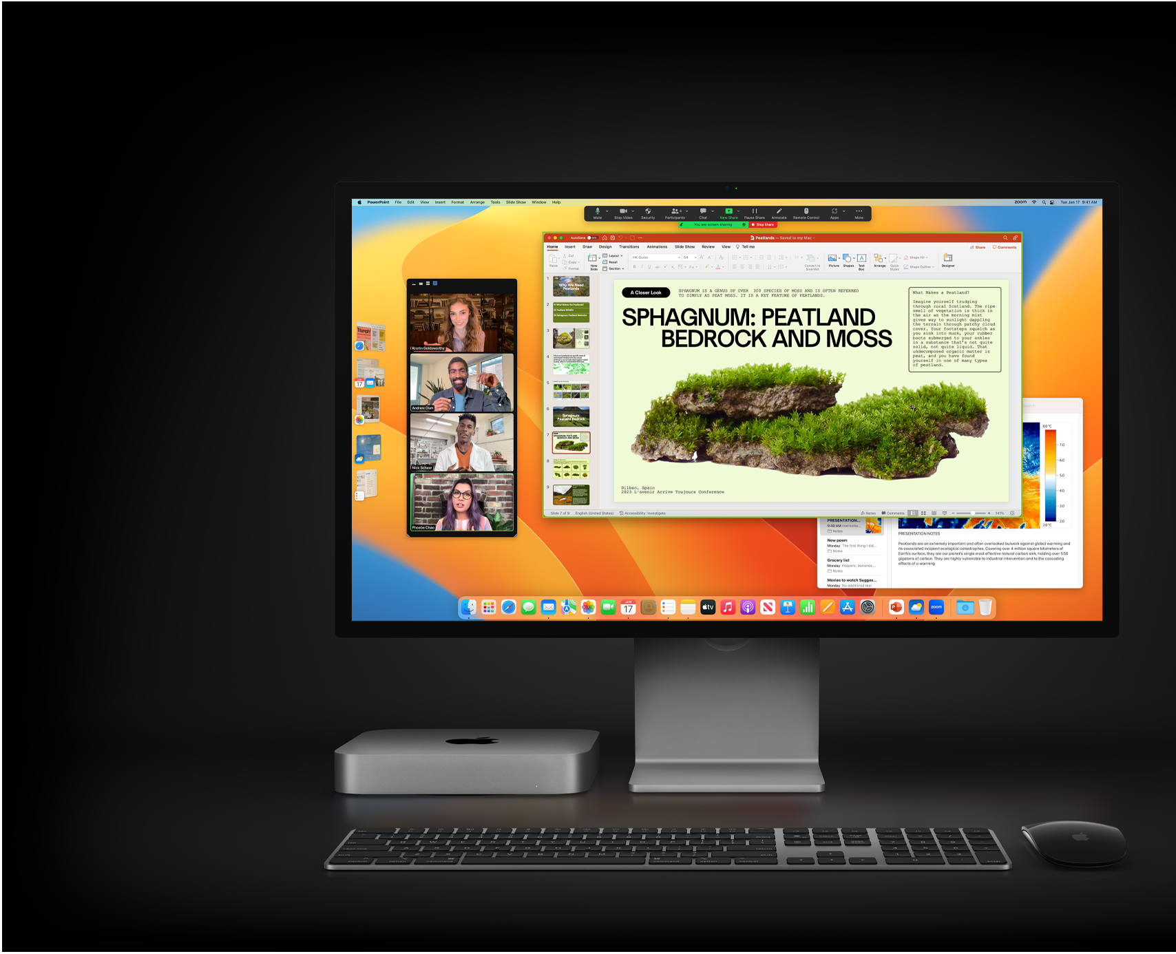 Mac mini with Magic Mouse, Magic Keyboard, and Studio Display showing a Microsoft PowerPoint presentation being shared in a Zoom meeting, with the Notes app in the background.